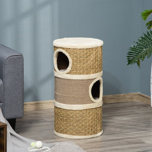 English Elm PawHut 3-Story Cat Condo Barrel House with Sisal Scratcher, Plush Lined Hideaway for Indoor Cats W2225P229193