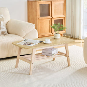 English Elm 39 Inch Solid Wood Coffee Table with Dual Open Shelves for Living Room Storage W2920P407664