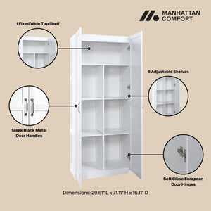 Manhattan Comfort Cornelia Modern Storage Closet With 7 Adjustable Shelves And Soft-close Doors For Elegant Organization White Mdf 2bc-wh