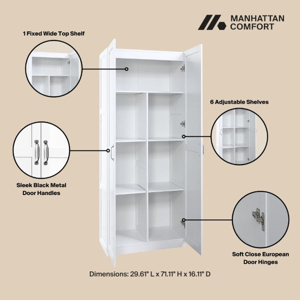 Manhattan Comfort Cornelia Modern Storage Closet With 7 Adjustable Shelves And Soft-close Doors For Elegant Organization White Mdf 2bc-wh