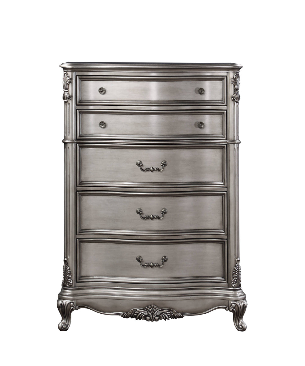 English Elm Ariadne Elegant Antique Platinum Finish Dresser with Tufted Scroll Trim and Durable Full-Extension Drawers Antique Silver 59.84 L x 22.44 W x 43.5 H B2726P247261