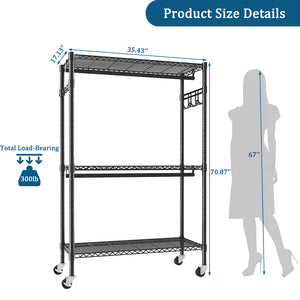 English Elm Rolling Clothes Rack – Heavy-Duty 3-Tier Adjustable Wire Shelving with Dual Rails, Side Hooks, Wheels W3204P318298