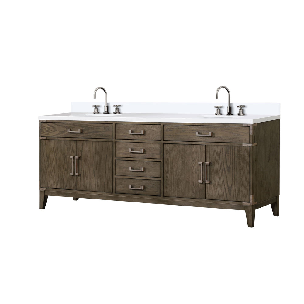 English Elm Laurel 84" Grey Oak Double Bath Vanity With White Quartz Top And Chrome Faucet Set For Modern Elegance B2731P259980