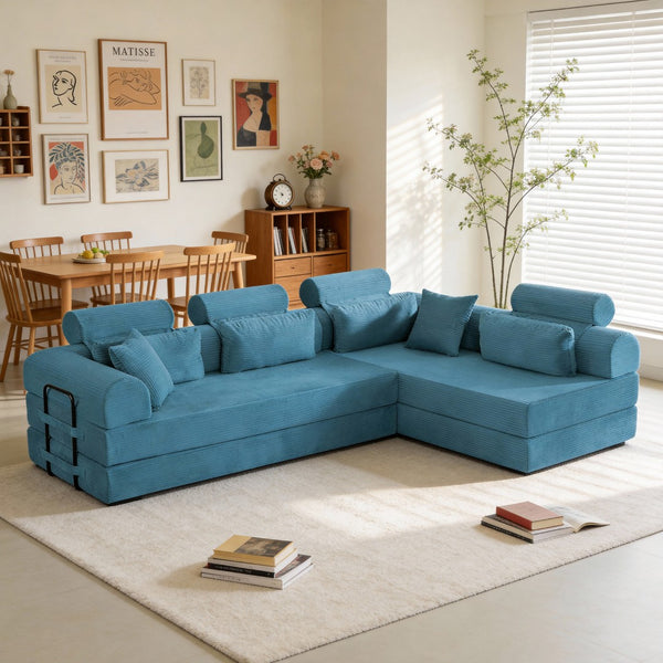 English Elm L Shaped Corduroy Sectional Sofa Converts to Sleeper Bed Space Saving Modular Couch Sky Blue W5532S00009