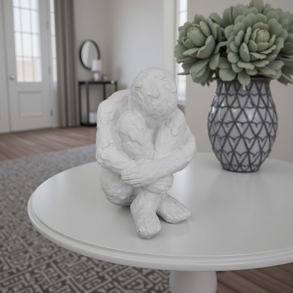 English Elm Roy Seated Figure White Resin Sculpture Contemplative Abstract Art for Modern Interiors B056P417004