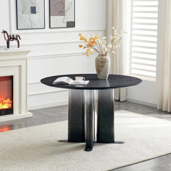 English Elm Round Mdf Dining Table with Gradient Cross Base Compact Modern Seating for Small Spaces Black W3875S00029