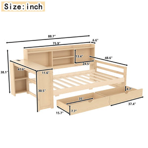 English Elm Twin Corner Daybed Pine Frame Built in Desk Bookcase Drawers Charging Kids Room Natural W697S00042
