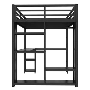 English Elm Full Size Loft Bed Frame With Wardrobe, Desk & Storage Shelves - Modern Black Metal Design W1580S00120