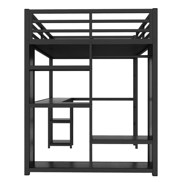 English Elm Full Size Loft Bed Frame With Wardrobe, Desk & Storage Shelves - Modern Black Metal Design W1580S00120