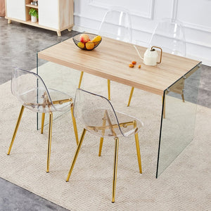 English Elm Table And Chair Set - Modern Wood Texture Mdf Coffee Table With Glass Legs & 4 Transparent Chairs W1151S02076-GIGA