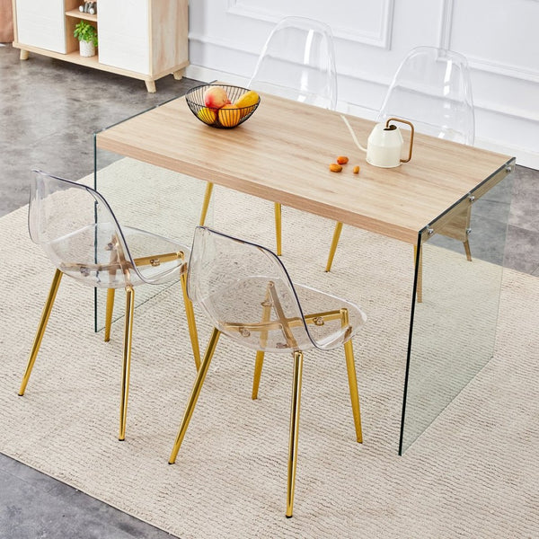English Elm Table And Chair Set - Modern Wood Texture Mdf Coffee Table With Glass Legs & 4 Transparent Chairs W1151S02076-GIGA