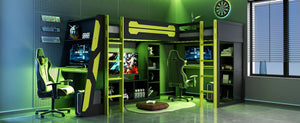 English Elm L-shaped Gaming Loft Bunk Bed Twin Wood Frame Rgb Lighting Usb Ports Storage Shelves Green LT000295AAG