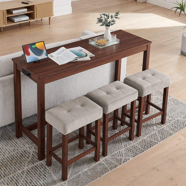 English Elm 59 59 Inch Bar Table Set with Power Outlet, 3 Upholstered Stools, Solid Wood MDF Linen Seats, Durable Load Capacity W2972P355432