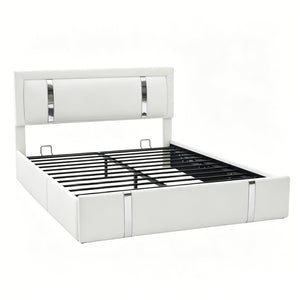 English Elm Queen Platform Bed Wingback Diamond Quilted Headboard Led Lighting Storage Drawers White W5722P462694