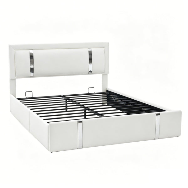 English Elm Queen Platform Bed Wingback Diamond Quilted Headboard Led Lighting Storage Drawers White W5722P462694