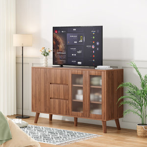 English Elm Farmhouse Buffet Cabinet with Pop-Up Doors and 3 Drawers — Rustic 55.5" Sideboard for Dining Room Walnut T3623P408446