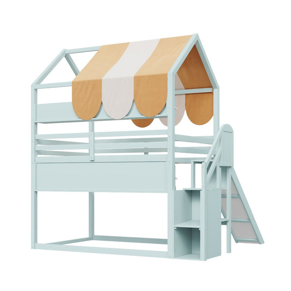 English Elm Full Size Wood Loft Bed with Canopy Slide and Built in Bookshelves for Kids Light Green N7090005021F