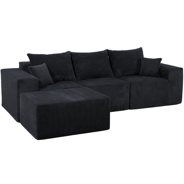 English Elm 4-Piece Modular L-Shaped Sectional Sofa with Corduroy Upholstery, Convertible Chaise, Pillows Included Black W3163S00038