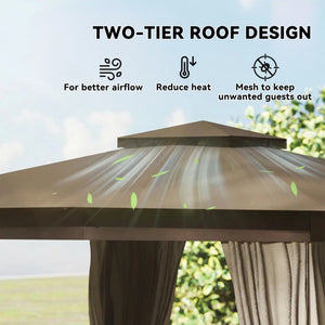 English Elm Canopy Outdoor Gazebo Steel Frame Double Tier Polyester Roof with Mesh Curtain Panels Dark Gray,Khaki+Black T3971P459114