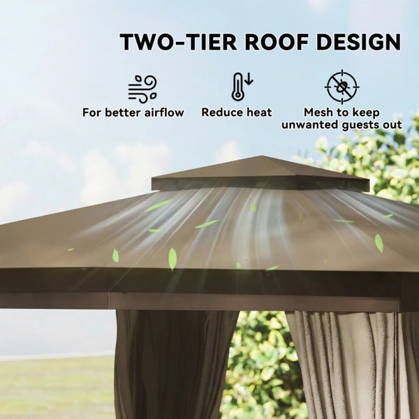 English Elm Canopy Outdoor Gazebo Steel Frame Double Tier Polyester Roof with Mesh Curtain Panels Dark Gray,Khaki+Black T3971P459114