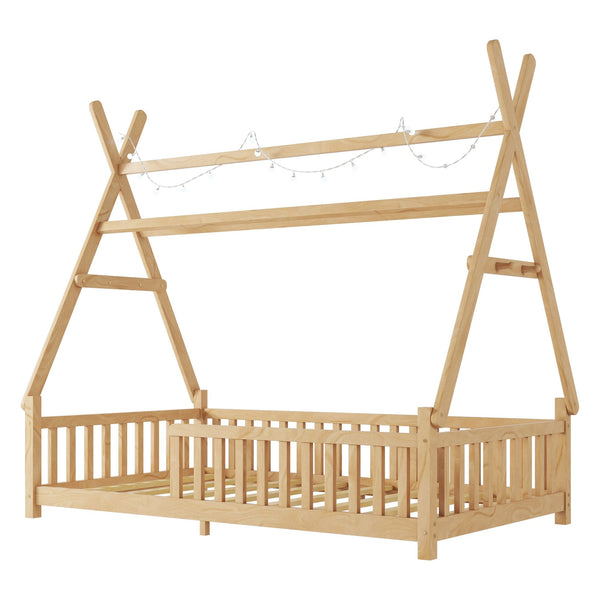 English Elm Twin House Bed with Roof and Guardrails, Low Floor Kids Playhouse Bed with Tent and Lights, Cozy Design Natural 80.91 L x 15.55 W x 6.5 H W2593P296911