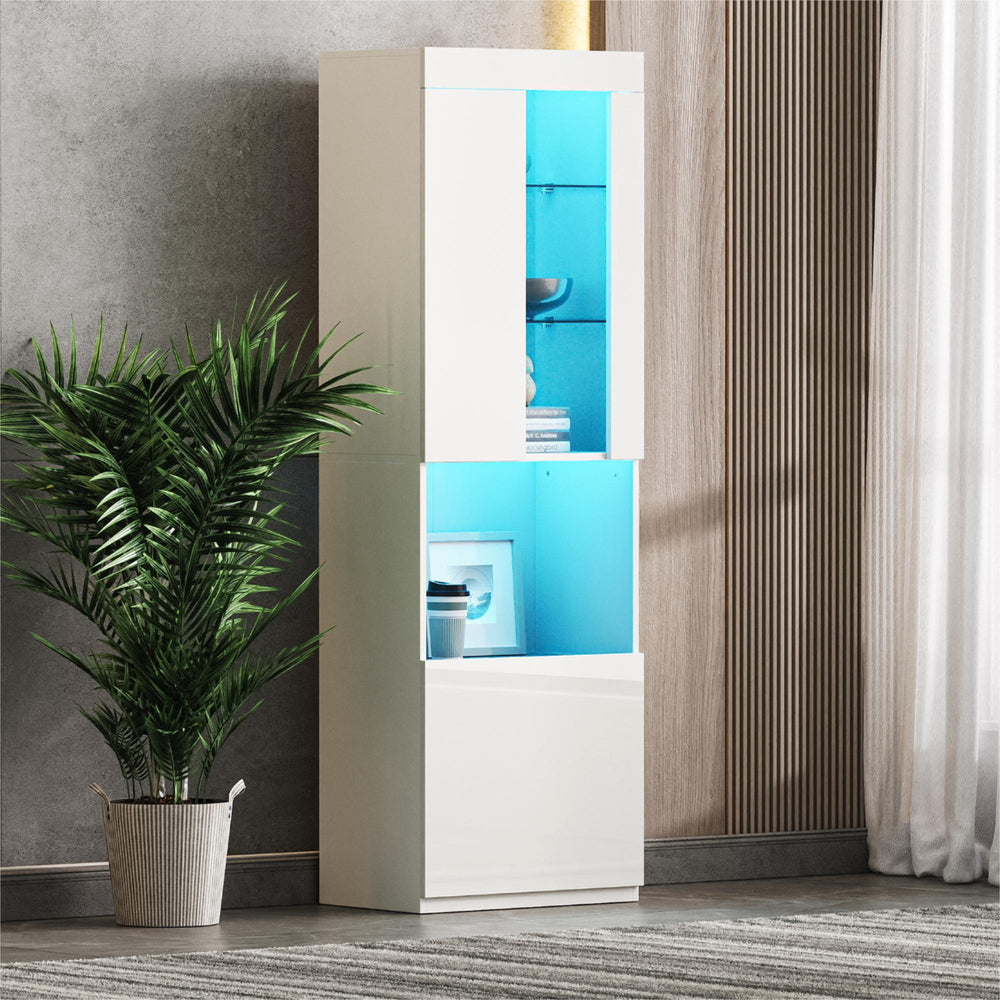 English Elm ON-TREND High Gloss LED Storage Cabinet with Acrylic Door, Tempered Glass Shelves & Anti-Tip Safety White N721P192842K