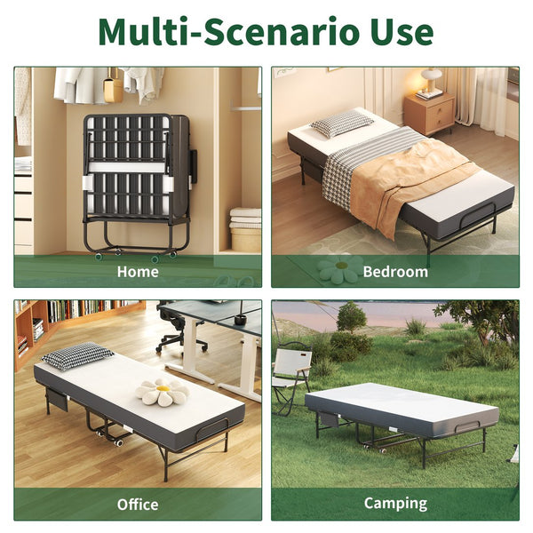 English Elm 75 Folding Bed with 5" Memory Foam Mattress, Tall 75" Rollaway Twin, 450lb Capacity, Slim Storage Wheels T2398P403868