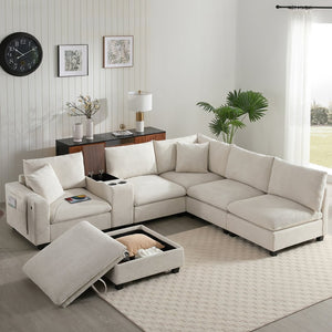 English Elm 139'' U-shaped Corduroy Sectional with Ottoman Console Usb Port and Cup Holders for Living Beige N723S1166A