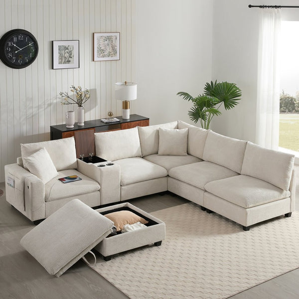 English Elm 139'' U-shaped Corduroy Sectional with Ottoman Console Usb Port and Cup Holders for Living Beige N723S1166A
