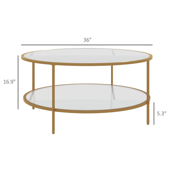English Elm Homcom 36" Round Side Table With 2-Tier Glass Shelves And Gold Steel Frame For Stylish Living Spaces W2225P217454