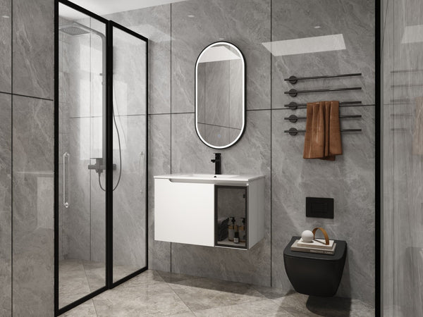 English Elm 30" Floating Bathroom Vanity Glossy White Plywood Cabinet with Frosted Glass Door W999S00524