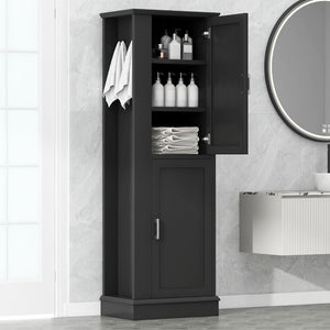 English Elm Tall Bathroom Storage Cabinet - Freestanding With Adjustable Shelves, Hooks & Modern Black Design N725P241834B-GIGA