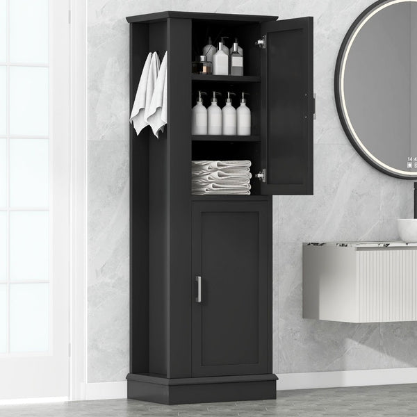 English Elm Tall Bathroom Storage Cabinet - Freestanding With Adjustable Shelves, Hooks & Modern Black Design N725P241834B-GIGA