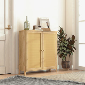 English Elm Mid-Century Woven Rattan Door Storage Cabinet with Adjustable Shelves and Solid Wood Legs, Stylish and Functional Natural 35.4 L x 18.5 W x 6.3 H W3151P288911