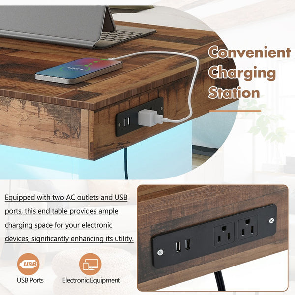 English Elm ON-TREND Spliced Wood Grain Coffee Table with App LED, 2 USB Ports & Outlets, Rustic White Brown N721P189320K