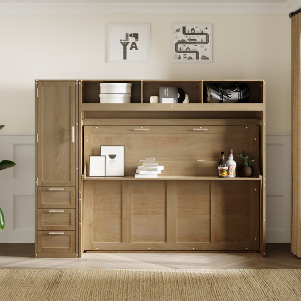 English Elm Full Full Size Murphy Bed with Wardrobe, Drawers & Open Shelves in Antique Wood—Space Saving Solution GX000388AAE