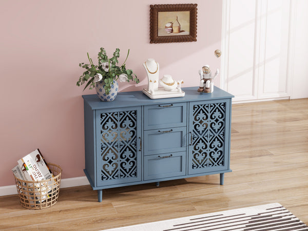 English Elm 2 Door 3 Drawer Cabinet with Carved Panels, Smooth Slide Rails, Black Metal Handles, Solid Wood Feet Blue W688124217