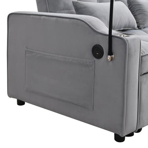 English Elm Modern Velvet Loveseat Futon Sofa with Pullout Bed, USB Ports, Adjustable Recline, Pillows, Gray W311P264374