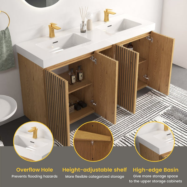 English Elm Emilia 60 Inch Freestanding Oak Vanity with Ceramic Sink and Soft Close Drawers Light Oak W1865S00242