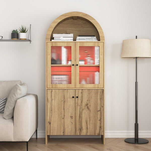 English Elm Natural Wood Grain Mdf Dome Cabinet with Led Lighting for Snack and Beverage Storage W3226P279091
