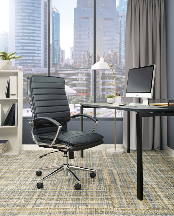 OSP Home Furnishings High Back Executive Office Chair with Faux Leather Upholstery Lumbar Support Chrome Arms Black SPX23590C-U6