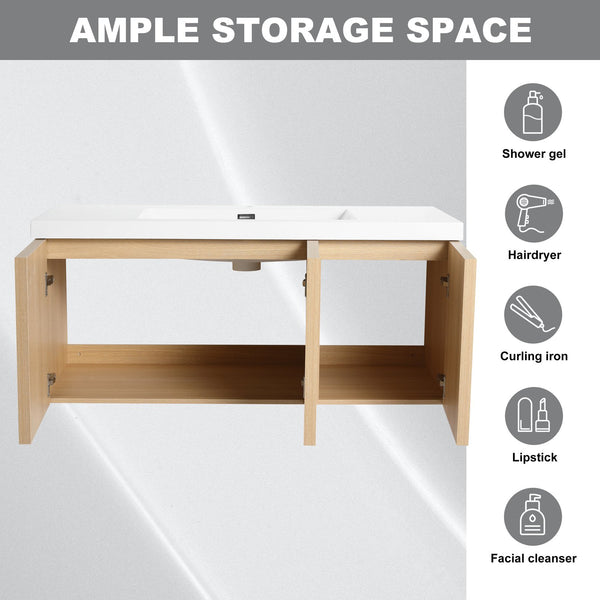 English Elm 48" 54.3" Wall-Mounted Bathroom Vanity with Resin Sink, Original Oak Finish, 3 Soft-Closing Doors, Plywood Construction W1972P315216