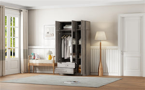 English Elm 3-door Mirrored Wardrobe with Full Length Dressing Mirror Drawers and Top Cabinet Gray LP006005AAE