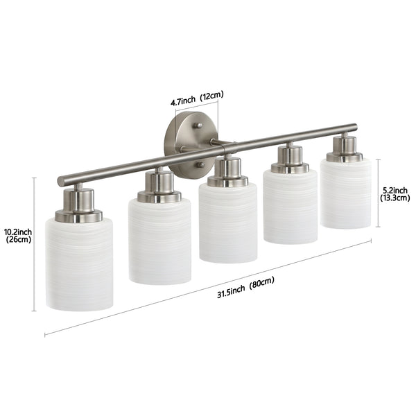 English Elm 31" Modern 5-Light Vanity Wall Sconce - Brushed Nickel & Frosted Glass For Stylish Bathroom Lighting W2312P374810