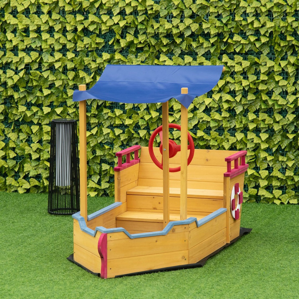 English Elm Outsunny Wooden Pirate Ship Sandbox with Canopy Storage Bench Outdoor Kids Play W2225P217334