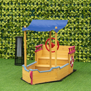 English Elm Outsunny Wooden Pirate Ship Sandbox with Canopy Storage Bench Outdoor Kids Play W2225P217334