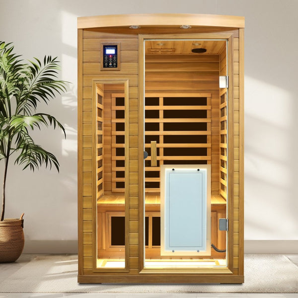 English Elm Low Emf Two Person Far Infrared Sauna with Cedar Wood Bluetooth Audio and Led Lighting W632S00024