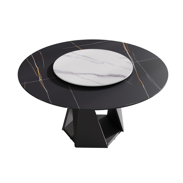 English Elm 59.05" Round Marble Dining Table With Lazy Susan, Black Iron Base For 6-8 People, Elegant Centerpiece W1535S00405