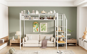 English Elm Twin Metal Loft Bed with Upper Grid Storage Shelf and 4-Layer Ladder Shelves for Space Saving White SF100081AAK
