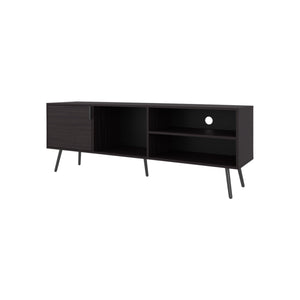 English Elm Mescal modern TV stand with concealed door and open shelving, conical legs, sleek storage center Wenge 68.5 L x 20.9 W x 5.1 H B128P263711